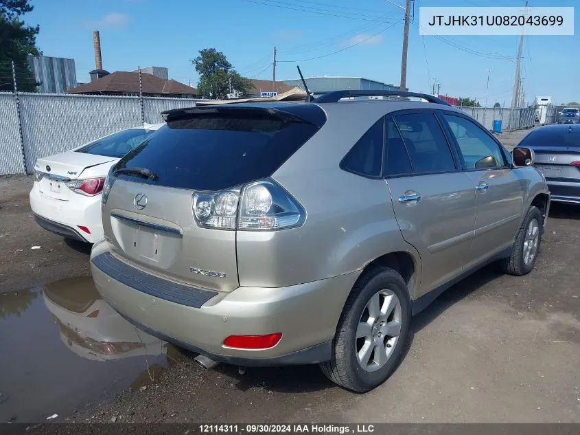 2008 Lexus Rx 350 VIN: JTJHK31U082043699 Lot: 12114311