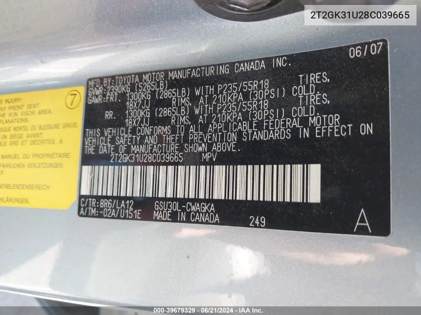 2T2GK31U28C039665 2008 Lexus Rx 350