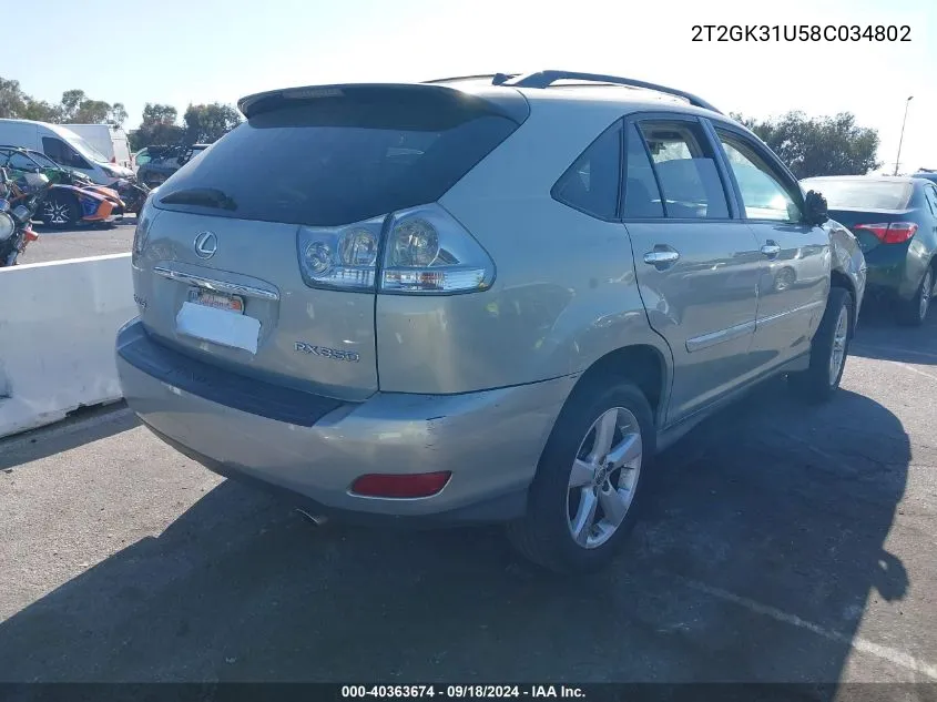 2008 Lexus Rx 350 VIN: 2T2GK31U58C034802 Lot: 40363674