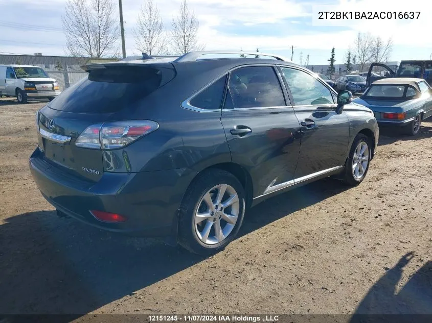 2010 Lexus Rx 350 VIN: 2T2BK1BA2AC016637 Lot: 12151245