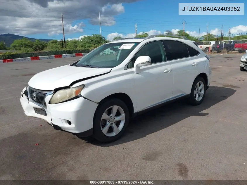 2010 Lexus Rx 350 VIN: JTJZK1BA0A2403962 Lot: 39917889