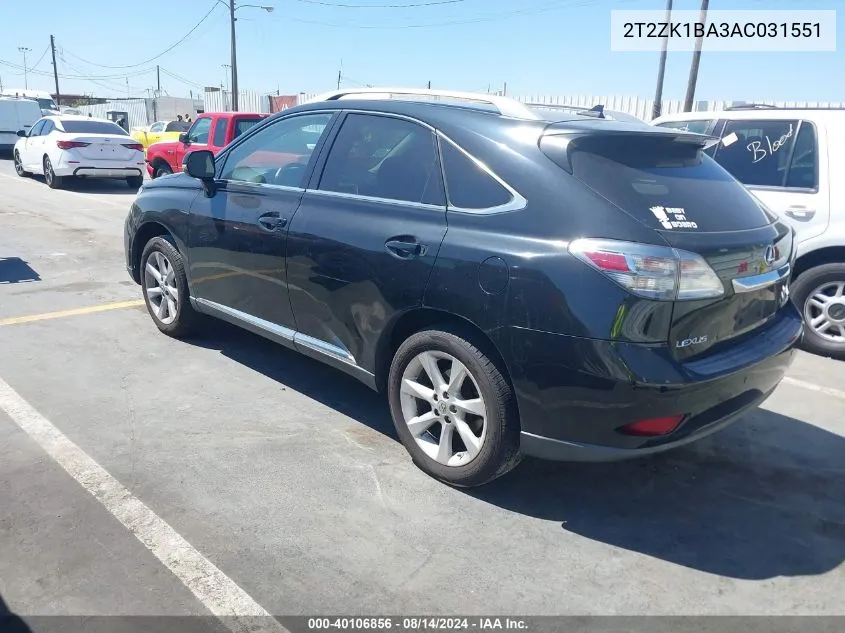 2010 Lexus Rx 350 VIN: 2T2ZK1BA3AC031551 Lot: 40106856