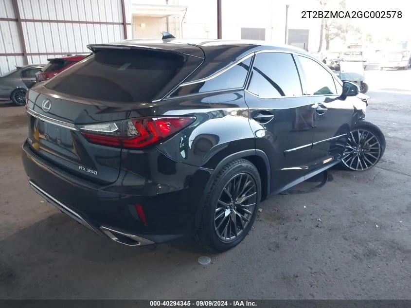 2016 Lexus Rx 350 F Sport VIN: 2T2BZMCA2GC002578 Lot: 40294345