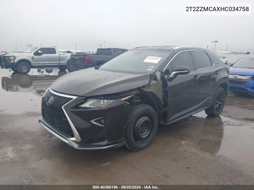 2017 Lexus Rx 350 350/Base/F Sport VIN: 2T2ZZMCAXHC034758 Lot: 40360186