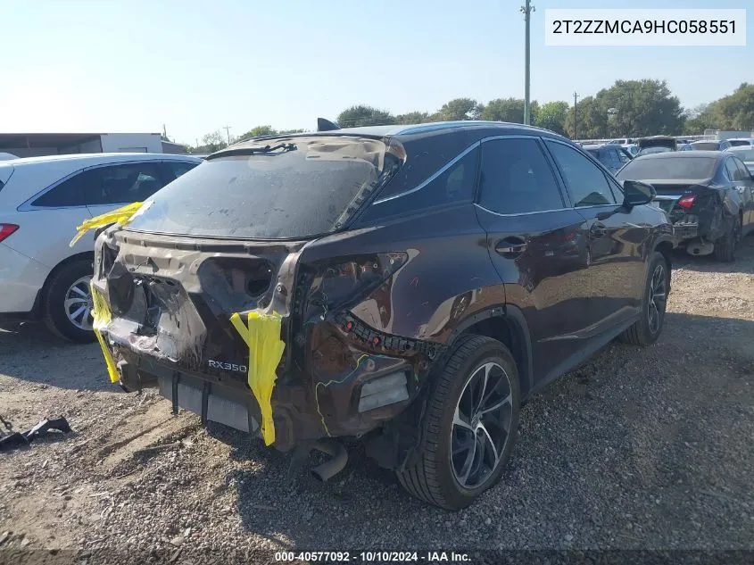 2017 Lexus Rx 350 VIN: 2T2ZZMCA9HC058551 Lot: 40577092