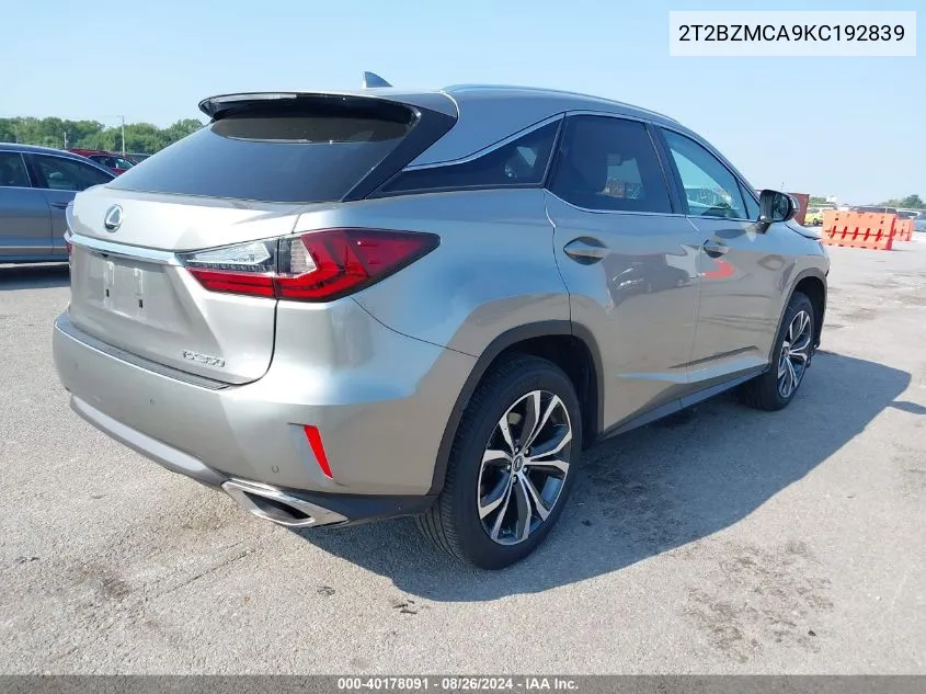 2T2BZMCA9KC192839 2019 Lexus Rx 350