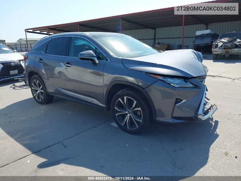 2019 Lexus Rx 450H VIN: 2T2BGMCA0KC034802 Lot: 40552470