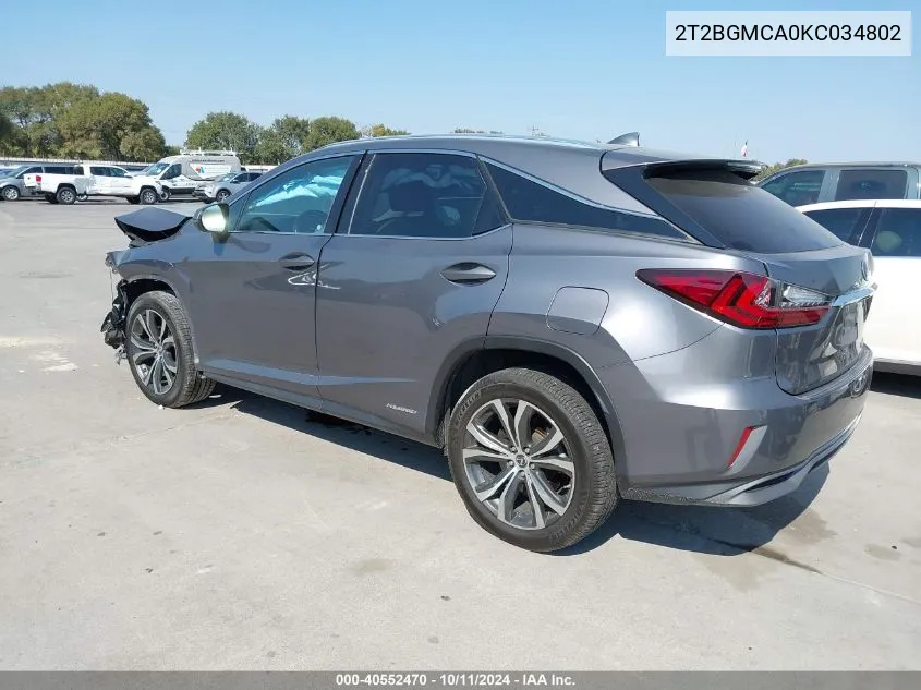 2019 Lexus Rx 450H VIN: 2T2BGMCA0KC034802 Lot: 40552470