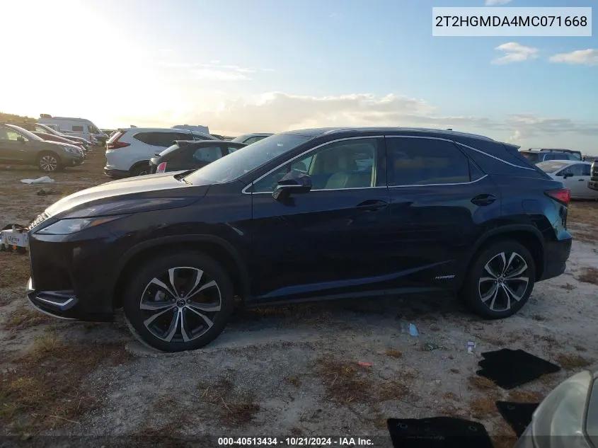 2021 Lexus Rx 450H VIN: 2T2HGMDA4MC071668 Lot: 40513434