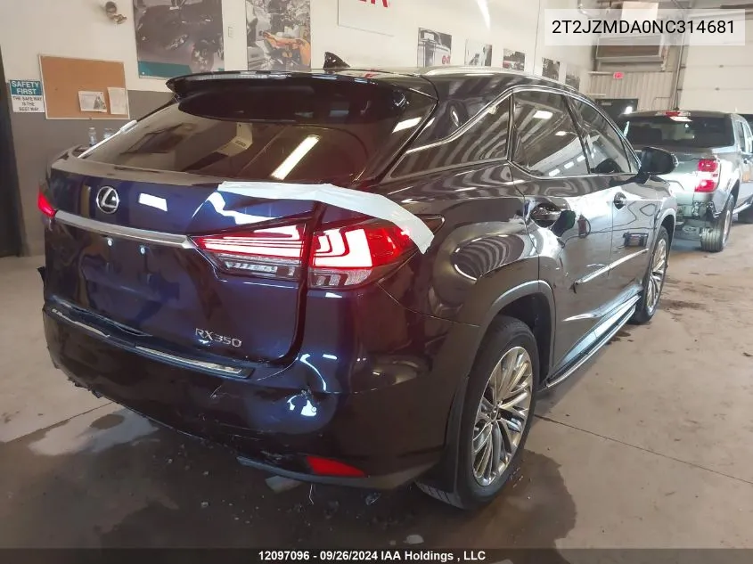 2022 Lexus Rx 350 VIN: 2T2JZMDA0NC314681 Lot: 12097096