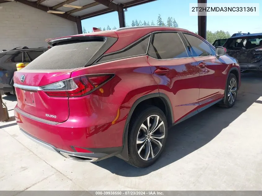 2022 Lexus Rx 350 VIN: 2T2HZMDA3NC331361 Lot: 39938550