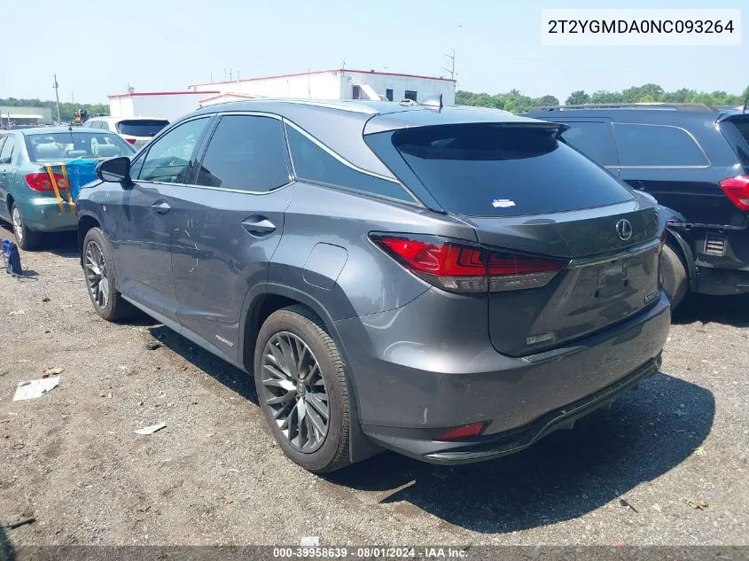 2022 Lexus Rx 450H F Sport Handling VIN: 2T2YGMDA0NC093264 Lot: 39958639