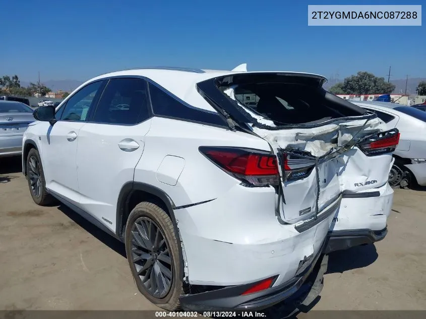 2022 Lexus Rx 450H F Sport Handling VIN: 2T2YGMDA6NC087288 Lot: 40104032