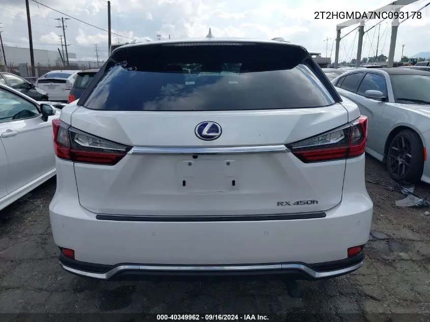 2022 Lexus Rx 450H VIN: 2T2HGMDA7NC093178 Lot: 40349962