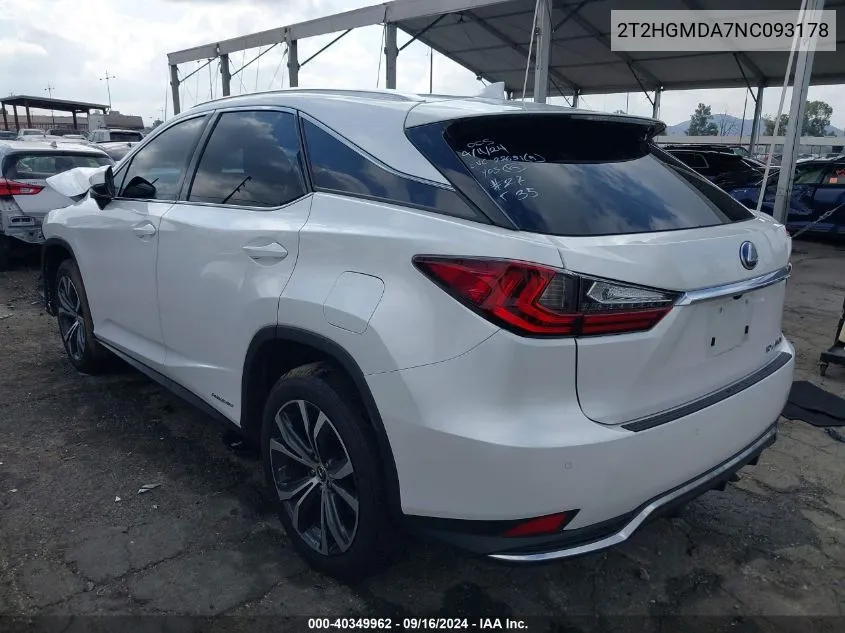 2022 Lexus Rx 450H VIN: 2T2HGMDA7NC093178 Lot: 40349962