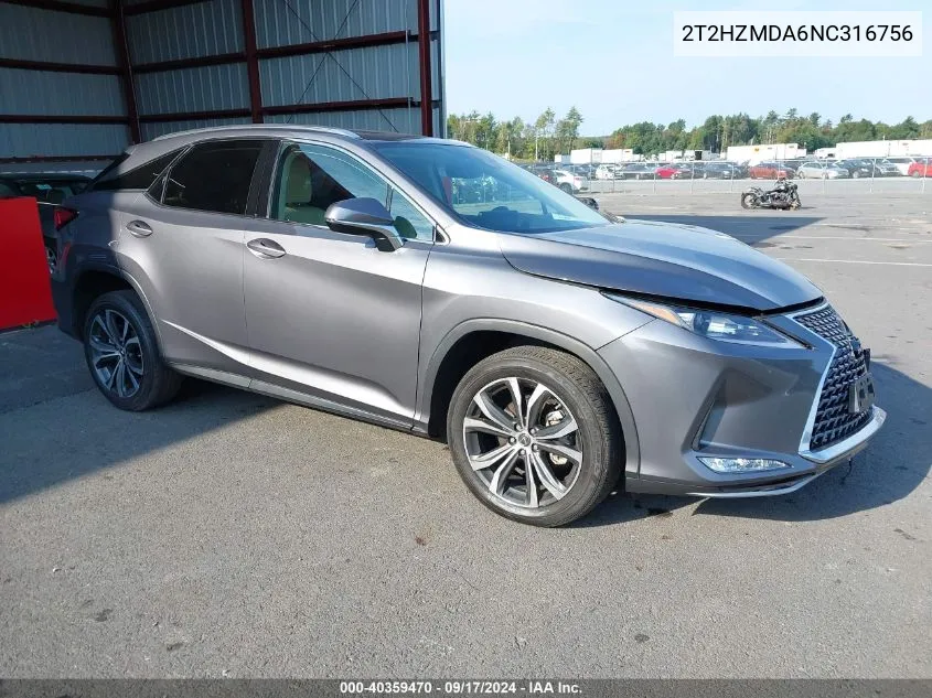 2022 Lexus Rx 350 VIN: 2T2HZMDA6NC316756 Lot: 40359470