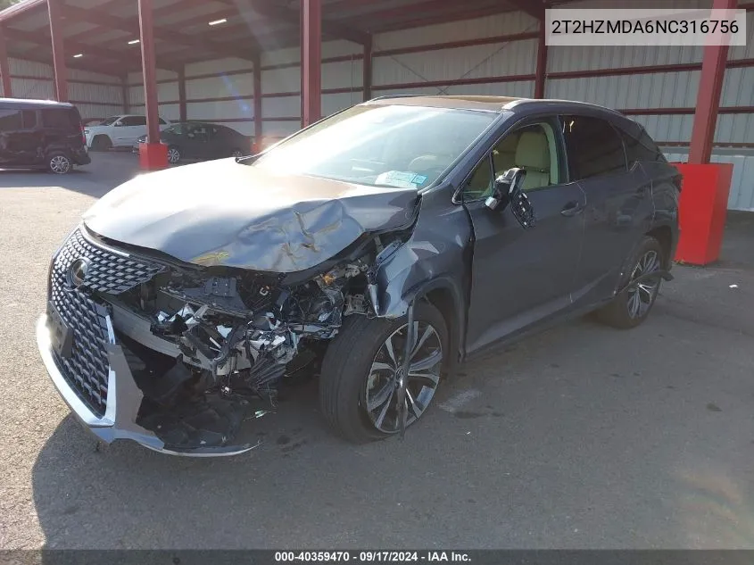 2022 Lexus Rx 350 VIN: 2T2HZMDA6NC316756 Lot: 40359470