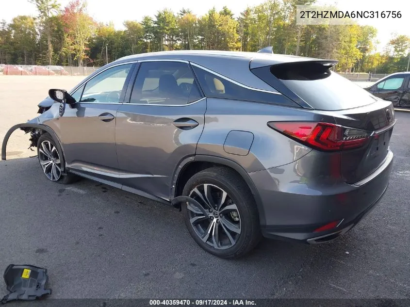 2022 Lexus Rx 350 VIN: 2T2HZMDA6NC316756 Lot: 40359470