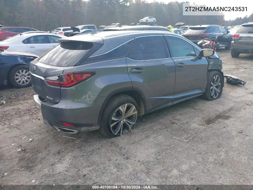 2022 Lexus Rx 350 VIN: 2T2HZMAA5NC243531 Lot: 40700184