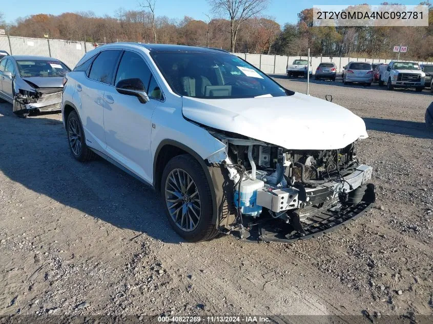 2022 Lexus Rx 450H F Sport Handling VIN: 2T2YGMDA4NC092781 Lot: 40827289