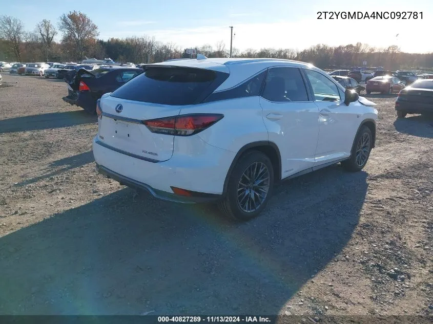 2022 Lexus Rx 450H F Sport Handling VIN: 2T2YGMDA4NC092781 Lot: 40827289