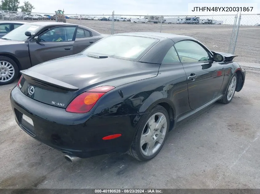 2002 Lexus Sc 430 VIN: JTHFN48YX20031867 Lot: 40190528