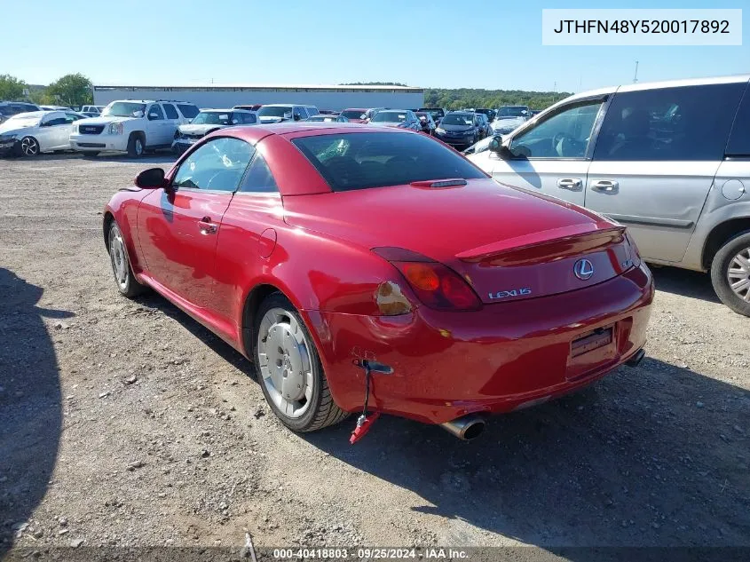 2002 Lexus Sc 430 VIN: JTHFN48Y520017892 Lot: 40418803