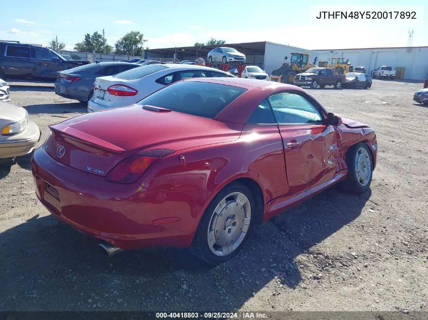 2002 Lexus Sc 430 VIN: JTHFN48Y520017892 Lot: 40418803