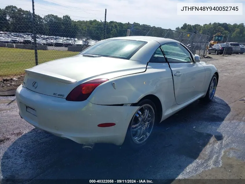 2004 Lexus Sc 430 VIN: JTHFN48Y940052745 Lot: 40322058