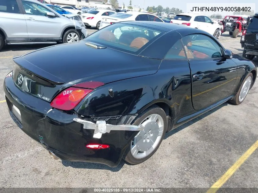 2004 Lexus Sc 430 VIN: JTHFN48Y940058402 Lot: 40325185