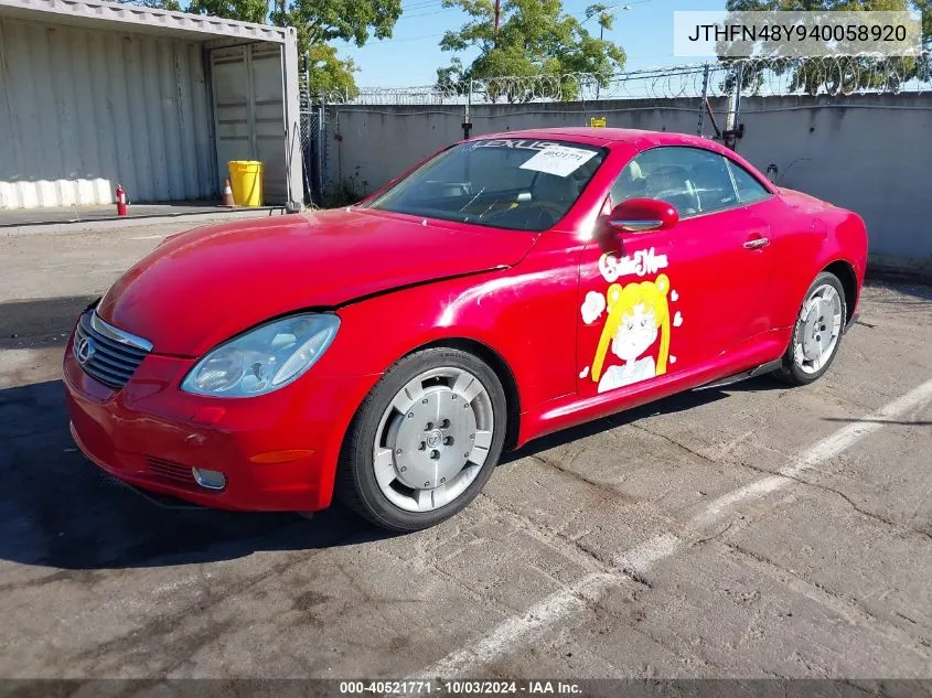 2004 Lexus Sc 430 VIN: JTHFN48Y940058920 Lot: 40521771