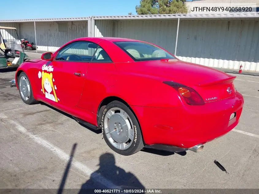 2004 Lexus Sc 430 VIN: JTHFN48Y940058920 Lot: 40521771