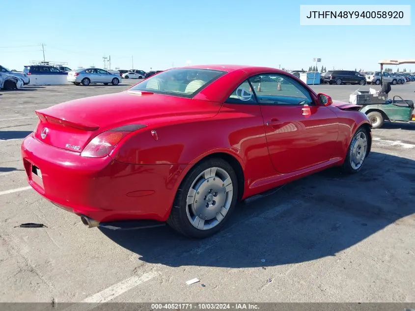 2004 Lexus Sc 430 VIN: JTHFN48Y940058920 Lot: 40521771