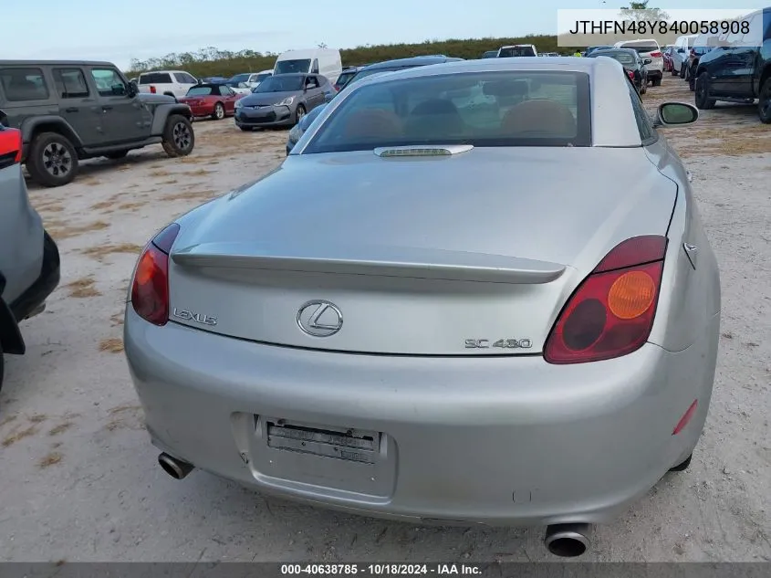 2004 Lexus Sc 430 VIN: JTHFN48Y840058908 Lot: 40638785