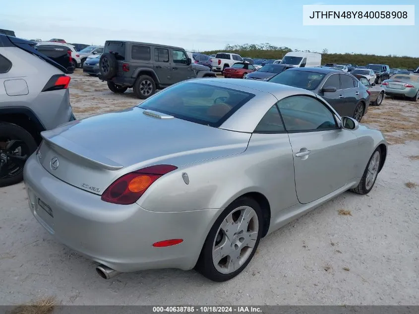 2004 Lexus Sc 430 VIN: JTHFN48Y840058908 Lot: 40638785