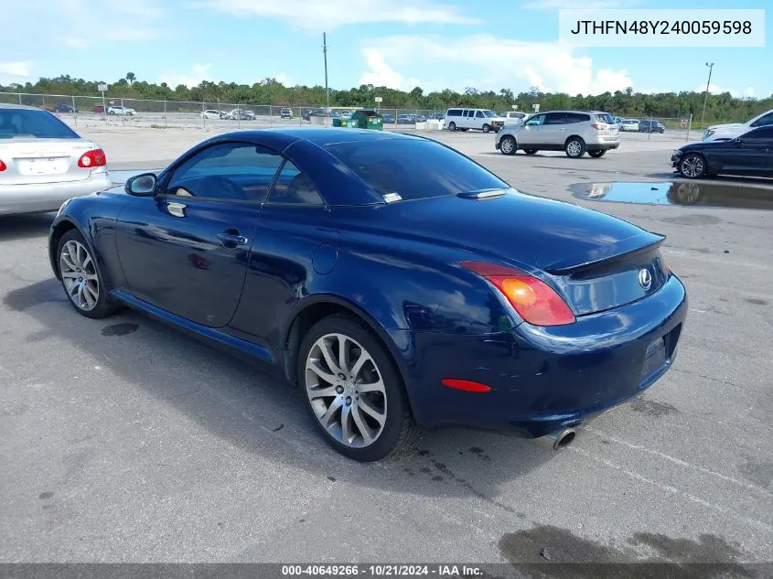 2004 Lexus Sc 430 430 VIN: JTHFN48Y240059598 Lot: 40649266