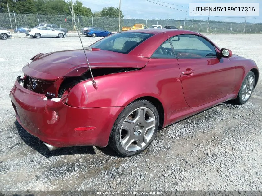 2008 Lexus Sc 430 VIN: JTHFN45Y189017316 Lot: 39882275