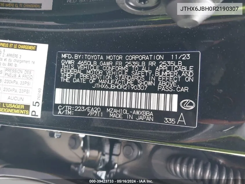 JTHX6JBH0R2190307 2024 Lexus Ux 250H