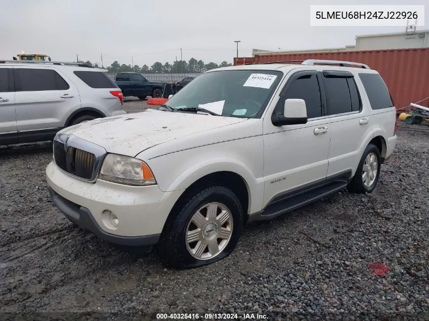 2004 Lincoln Aviator VIN: 5LMEU68H24ZJ22926 Lot: 40325416