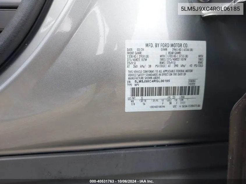 2024 Lincoln Aviator Black Label VIN: 5LM5J9XC4RGL06185 Lot: 40531763