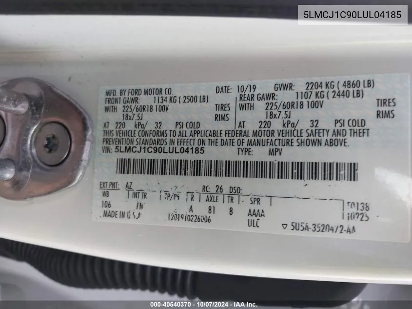 2020 Lincoln Corsair VIN: 5LMCJ1C90LUL04185 Lot: 40540370