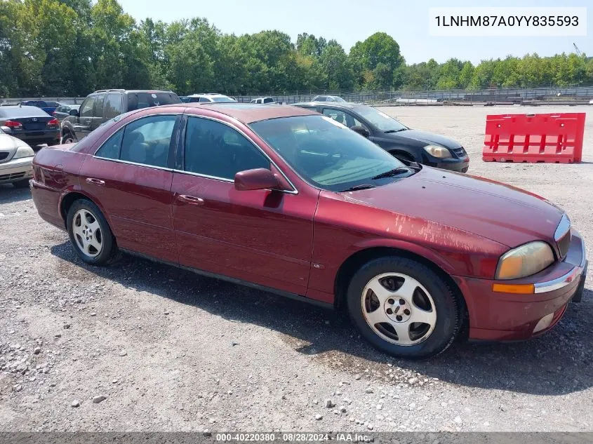 2000 Lincoln Ls V8 Auto VIN: 1LNHM87A0YY835593 Lot: 40220380