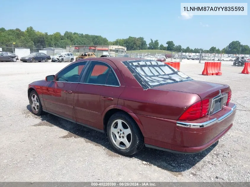 2000 Lincoln Ls V8 Auto VIN: 1LNHM87A0YY835593 Lot: 40220380