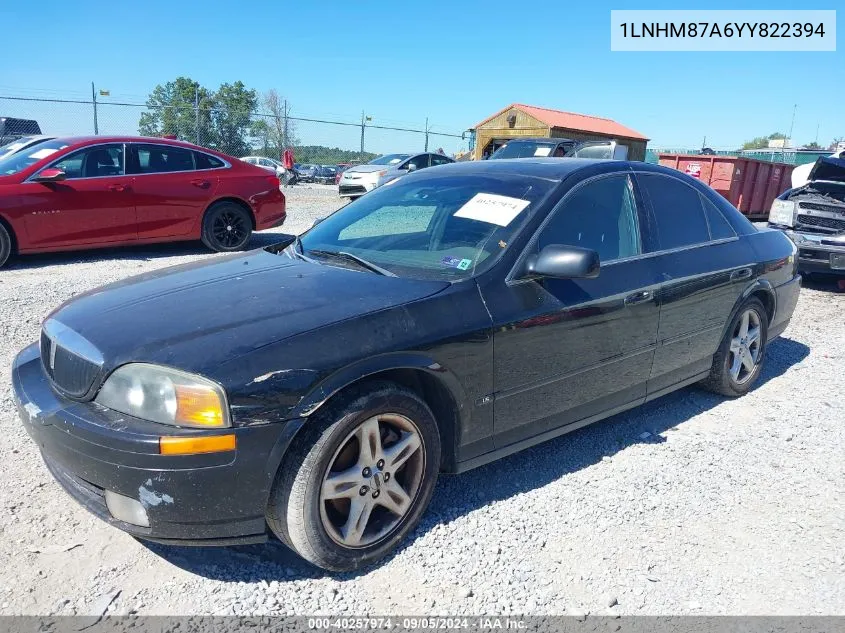 2000 Lincoln Ls V8 Auto VIN: 1LNHM87A6YY822394 Lot: 40257974