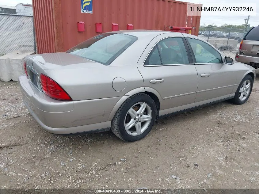 2000 Lincoln Ls V8 Auto VIN: 1LNHM87A4YY932246 Lot: 40416439