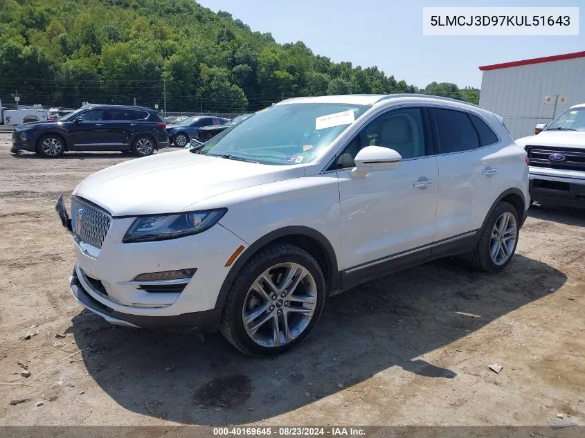 2019 Lincoln Mkc Reserve VIN: 5LMCJ3D97KUL51643 Lot: 40169645