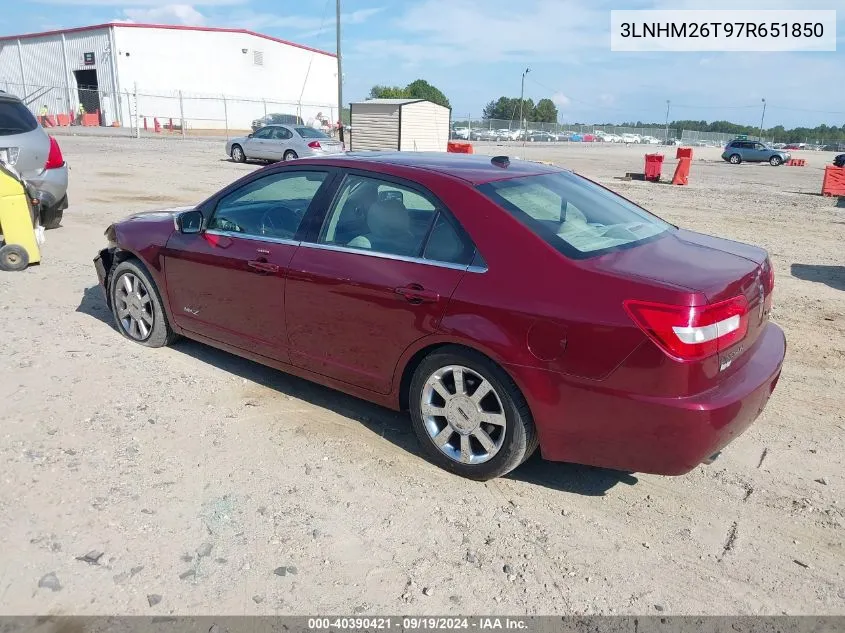 2007 Lincoln Mkz VIN: 3LNHM26T97R651850 Lot: 40390421