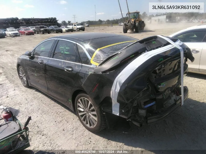 2019 Lincoln Mkz VIN: 3LN6L5A93KR631092 Lot: 40528798