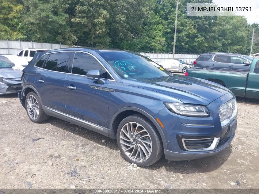 2019 Lincoln Nautilus Reserve VIN: 2LMPJ8L93KBL53791 Lot: 39925917