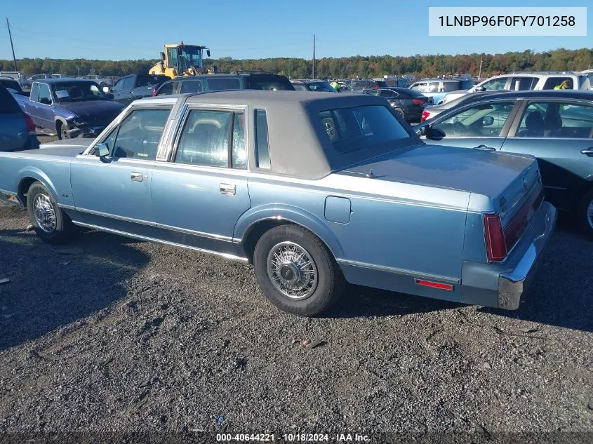 1985 Lincoln Town Car VIN: 1LNBP96F0FY701258 Lot: 40644221